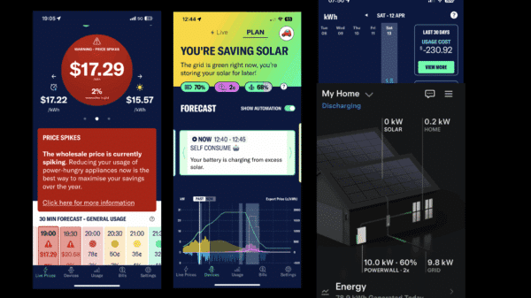 A composite screenshot shows electricity price alerts, solar power forecasts, and real-time battery and solar energy data from a home energy management app.